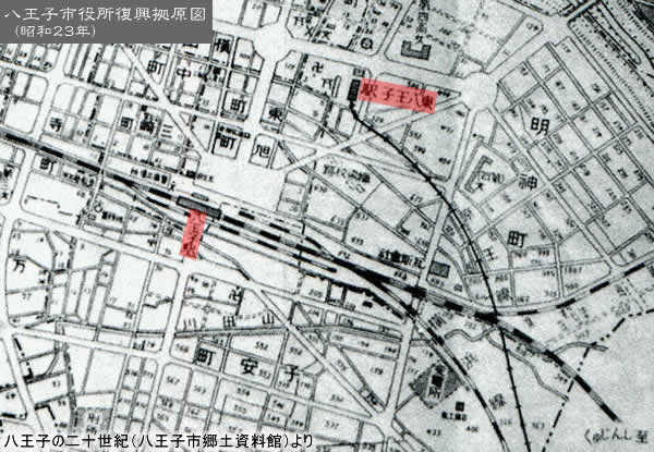 昭和23年の八王子駅と東八王子駅(現京王八王子駅)の周辺地図 map_s