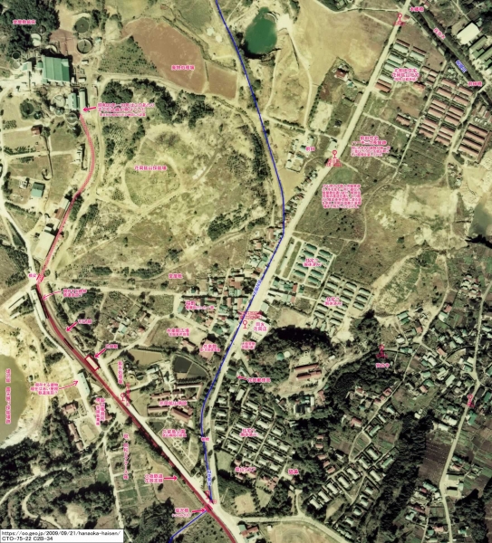 花岡線 堤沢~堂屋敷間 航空写真(1975年)