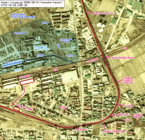花岡線 大館駅~板子石間 航空写真(1975年)
