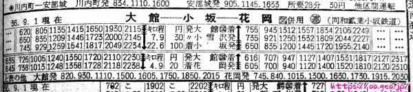 花岡線の時刻表(国鉄監修 時刻表 昭和36年(1961年)10月号より)