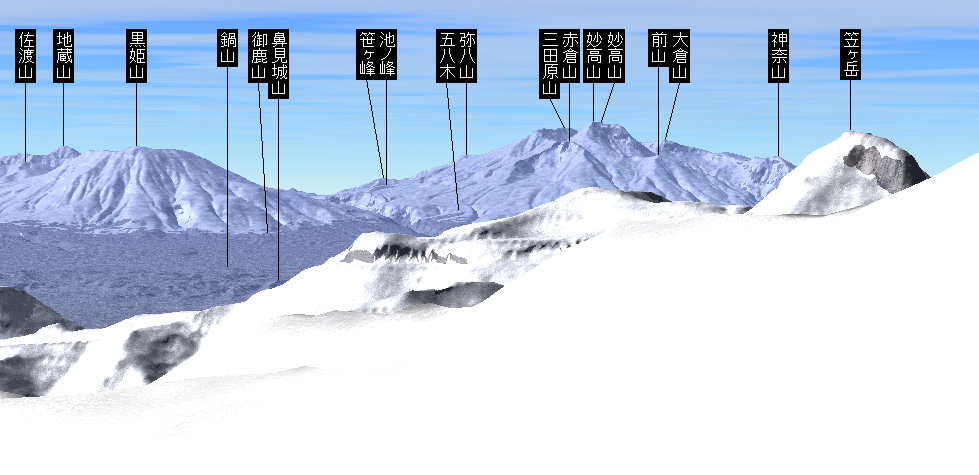 妙高山や黒姫山など。遠方の山々。カシミール3Dで山名確認。