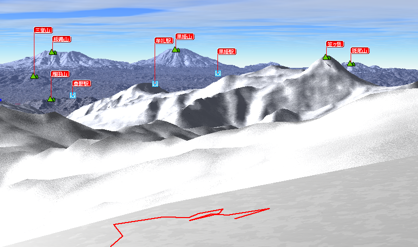 妙高山や黒姫山など。遠方の山々。自分の軌跡を入れて、カシミール3Dで山名確認。