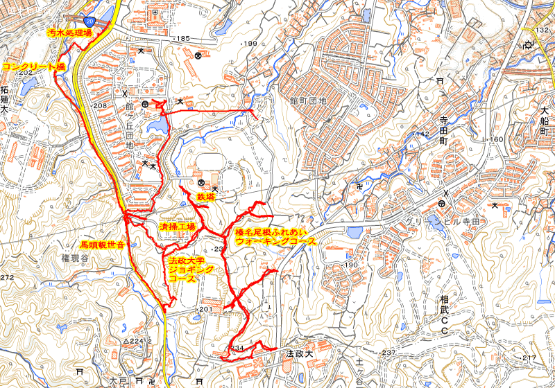 2011年2月22日 館清掃工場~法政大学ジョギングコース~榛名尾根ふれあいウォーキングコース 地図