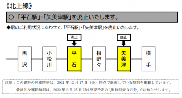 JR東日本 2022年3月12日(土) 北上線の「平石駅」・「矢美津駅」を廃止いたします。